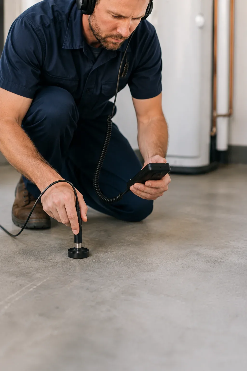 Plumber performing leak detection in a Kitchener home