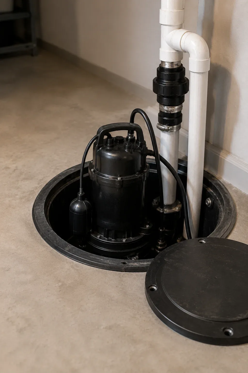 Plumber servicing an ejector pump in a Kitchener basement