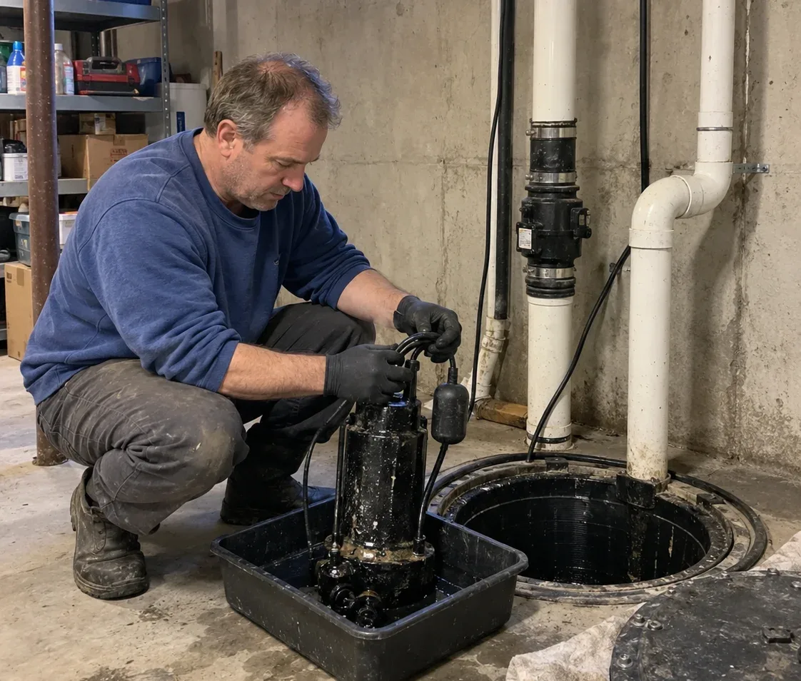 Sewage ejector pump repair in a Kitchener basement