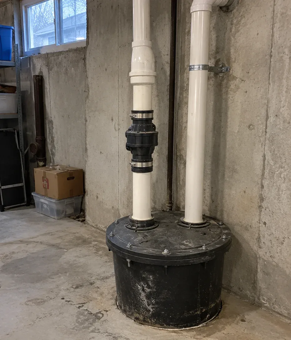 Plumber servicing an ejector pump in a Kitchener basement