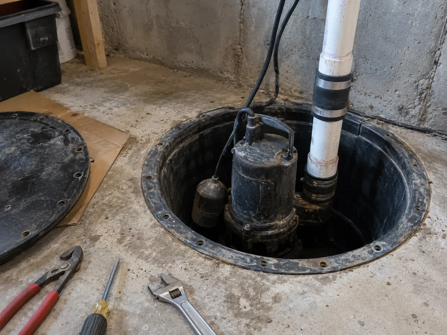 Open residential sewage ejector basin with submersible pump and discharge piping in a Kitchener basement