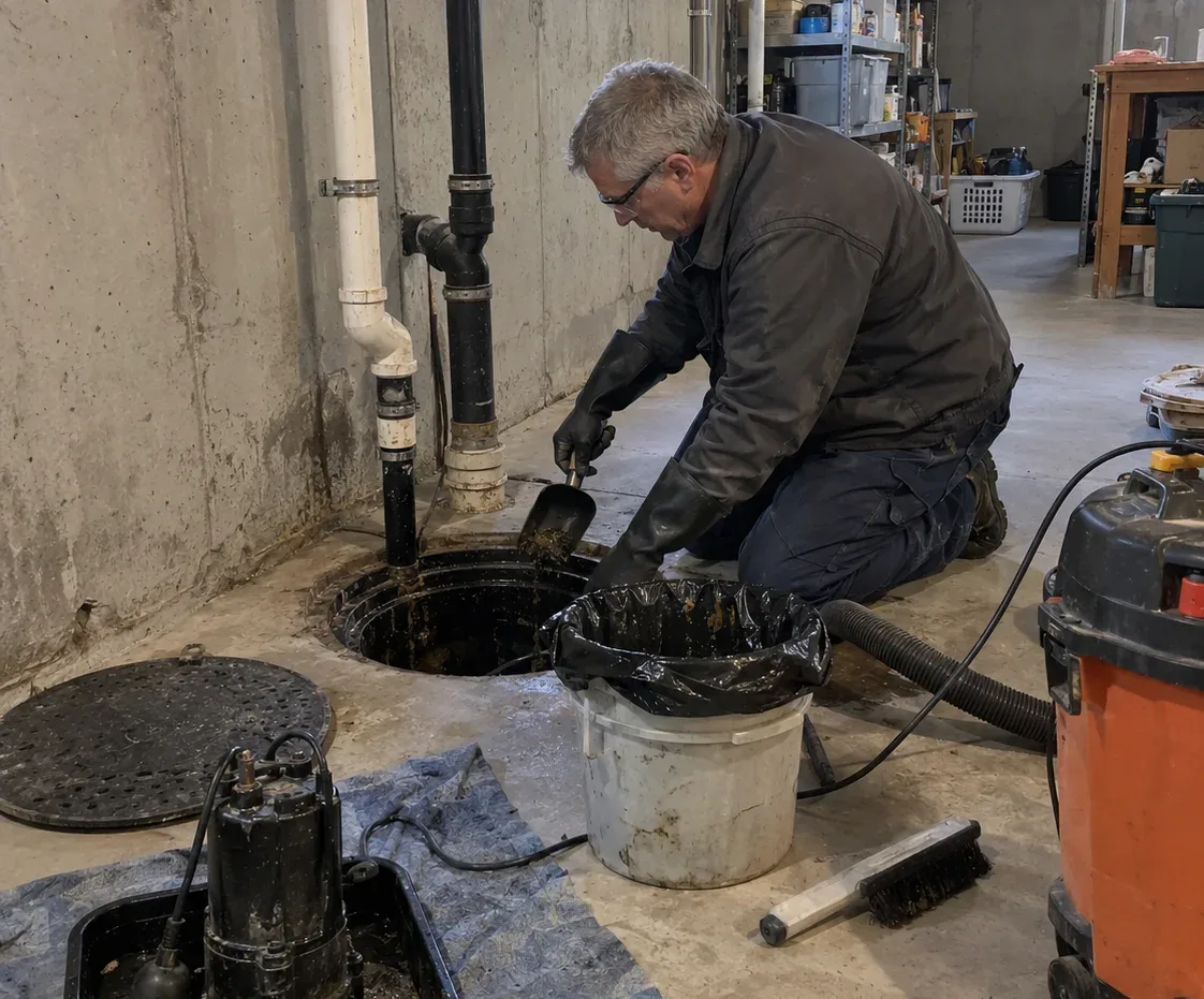 Sewage ejector pit cleaning in a Kitchener basement