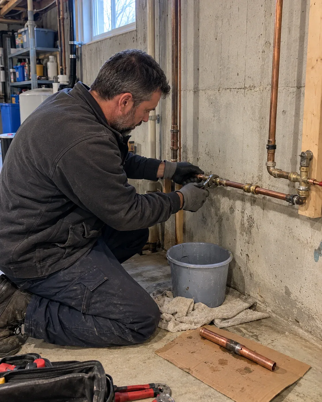 Plumber thawing a frozen pipe in a Kitchener basement