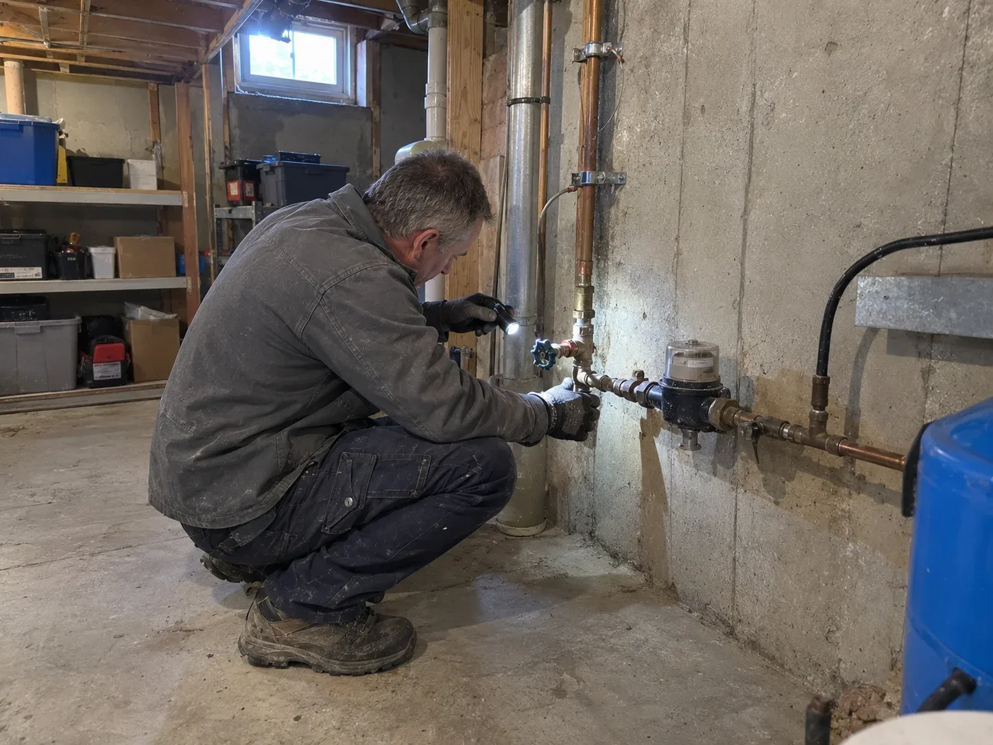 Plumbing technician inspecting the main water supply pipe and shutoff valve in a Kitchener basement