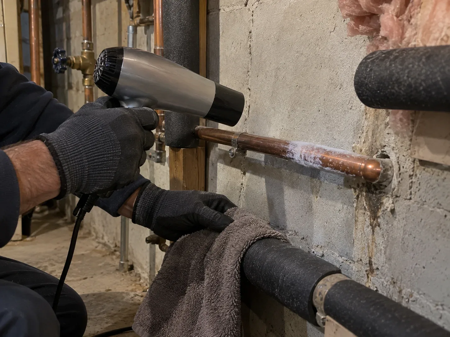 Plumber safely thawing a frozen copper water pipe with warm air in a Kitchener basement