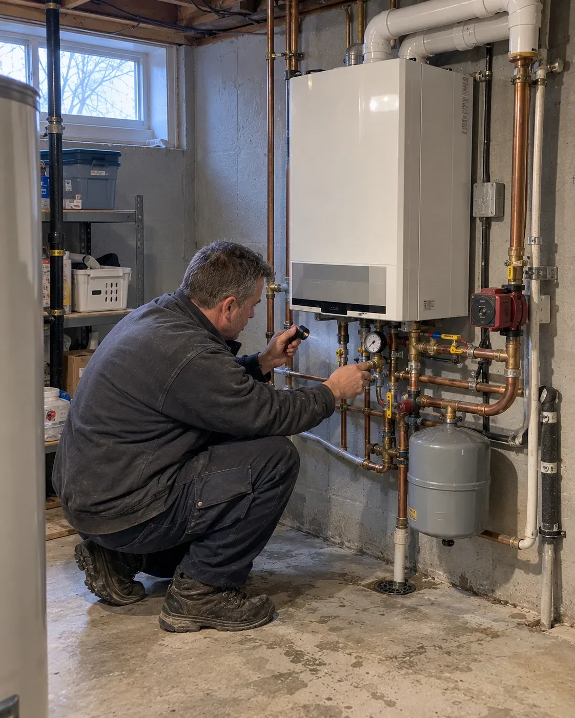 Technician servicing a wall-mounted boiler in a Kitchener home