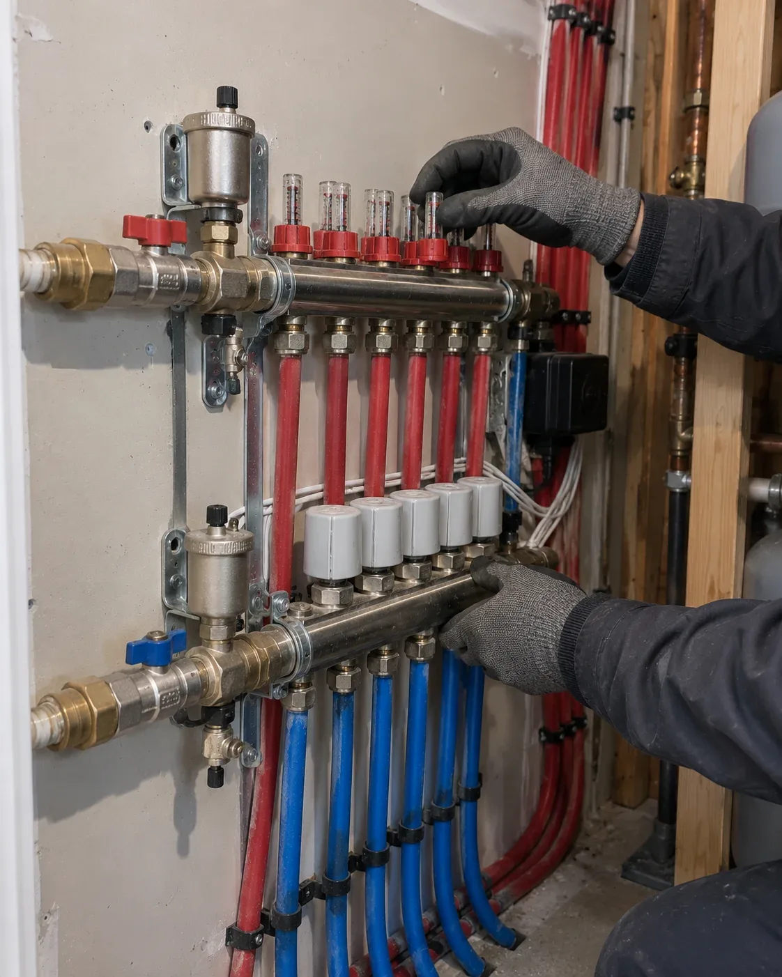 Radiant floor heating manifold connected to a boiler in a Kitchener home