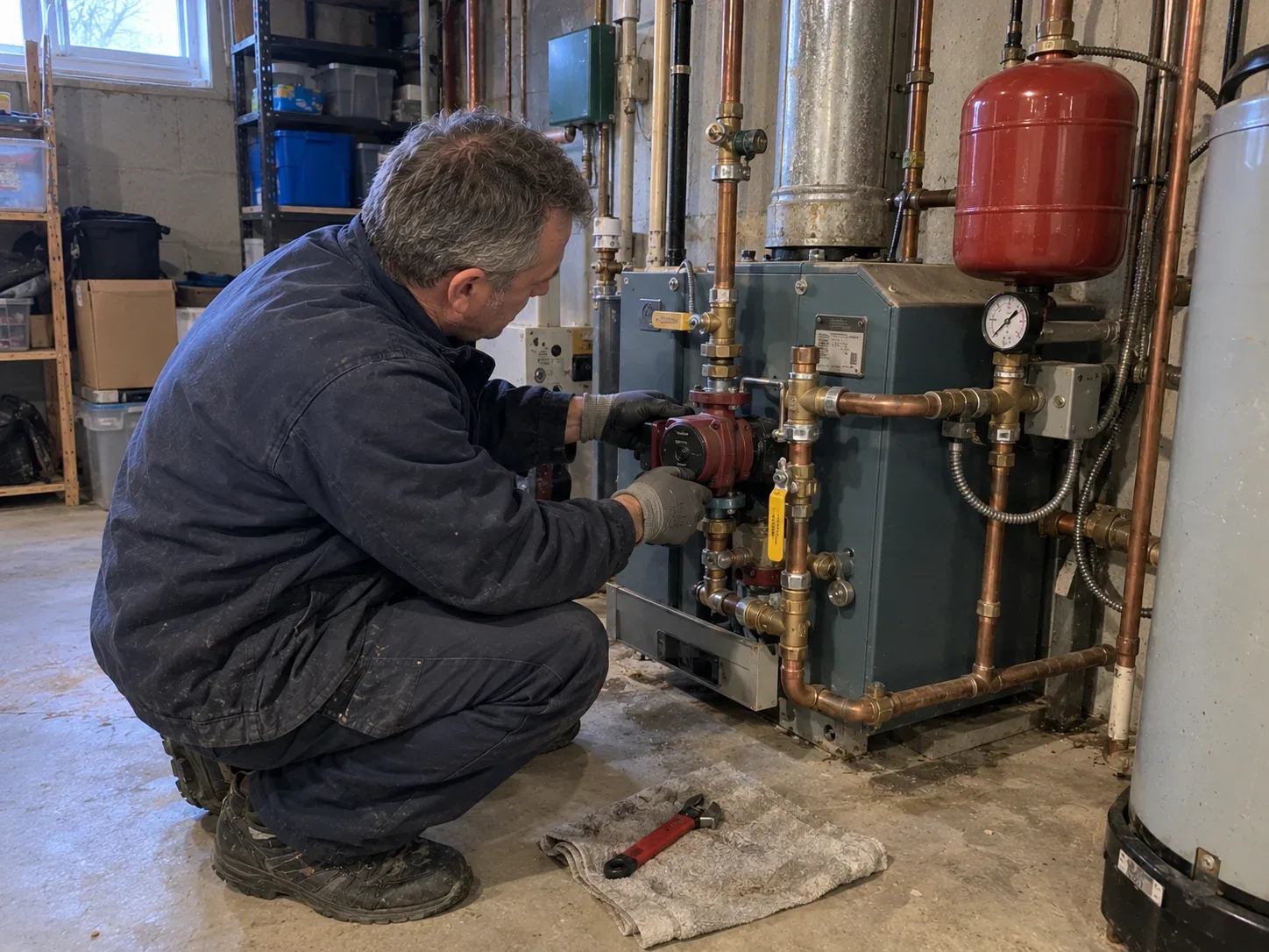 Heating technician repairing the circulator pump on a residential hydronic boiler in a Kitchener basement