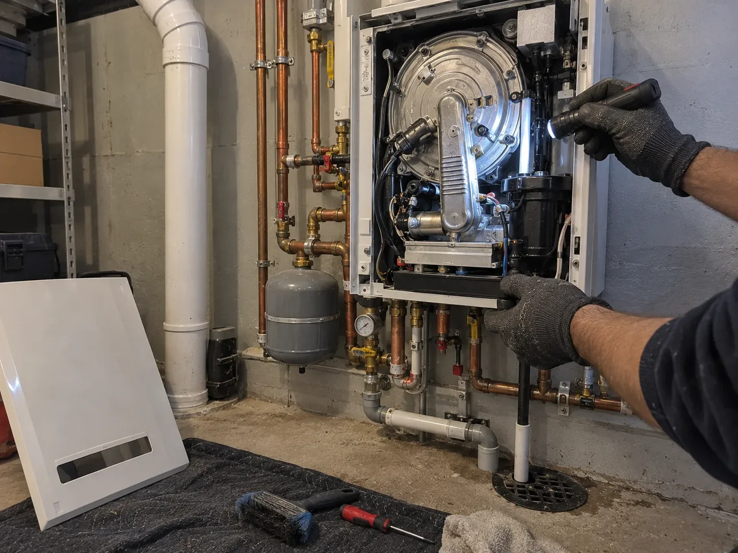 Heating technician inspecting the internal components of a wall-mounted condensing boiler during annual service in Kitchener