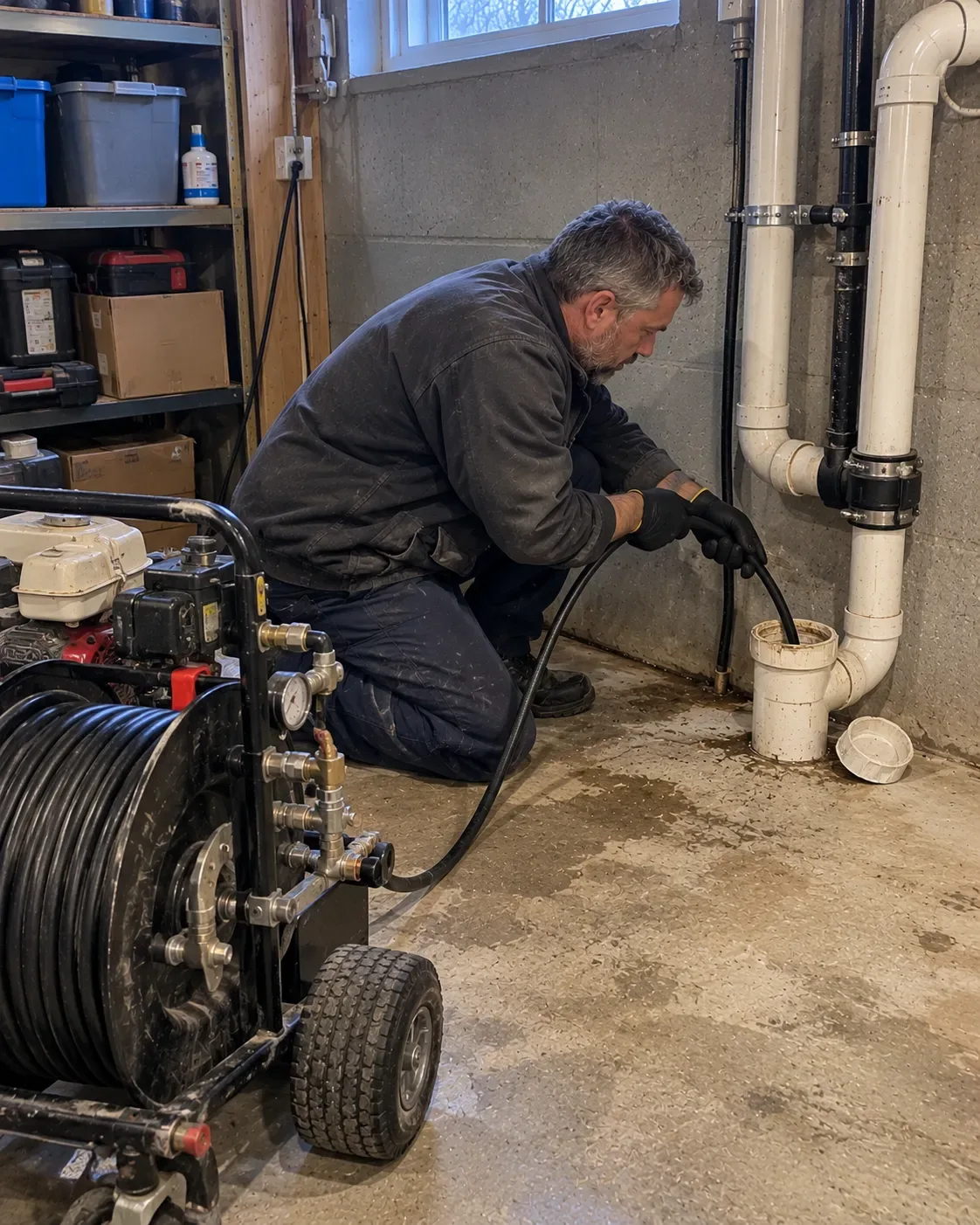 Technician hydro jetting a sewer line through a cleanout in a Kitchener home