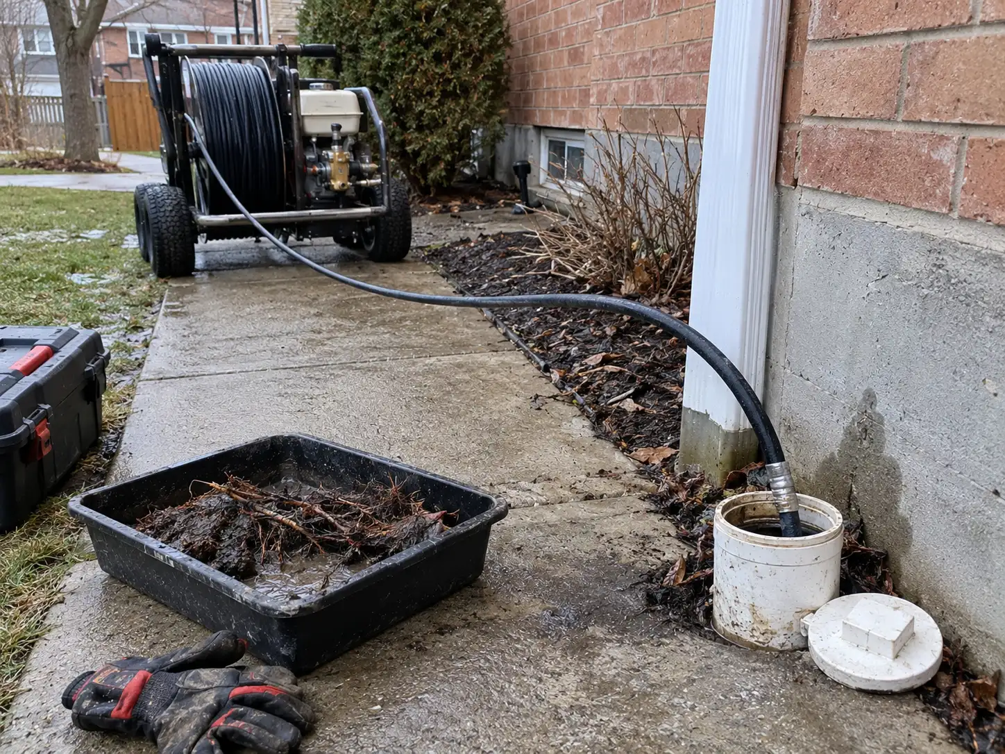 Sewer jetting hose inserted into an exterior residential cleanout with removed root debris beside a Kitchener home