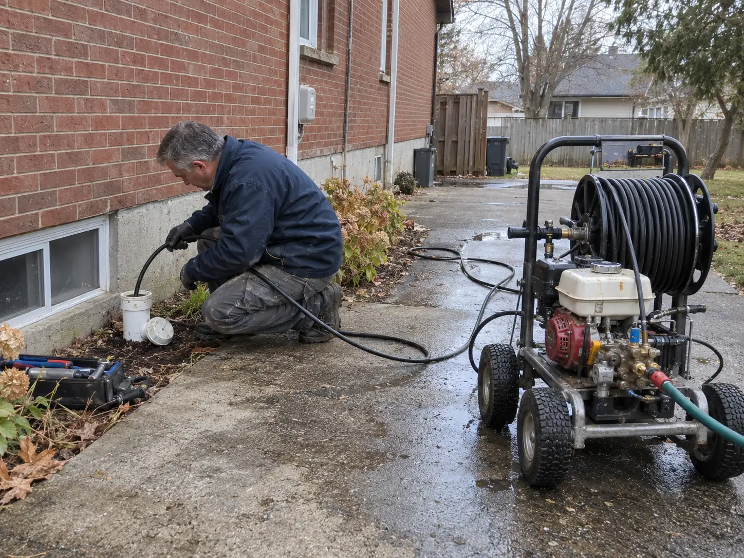 Professional hydro jetting machine and hose connected to an exterior sewer cleanout beside a Kitchener house