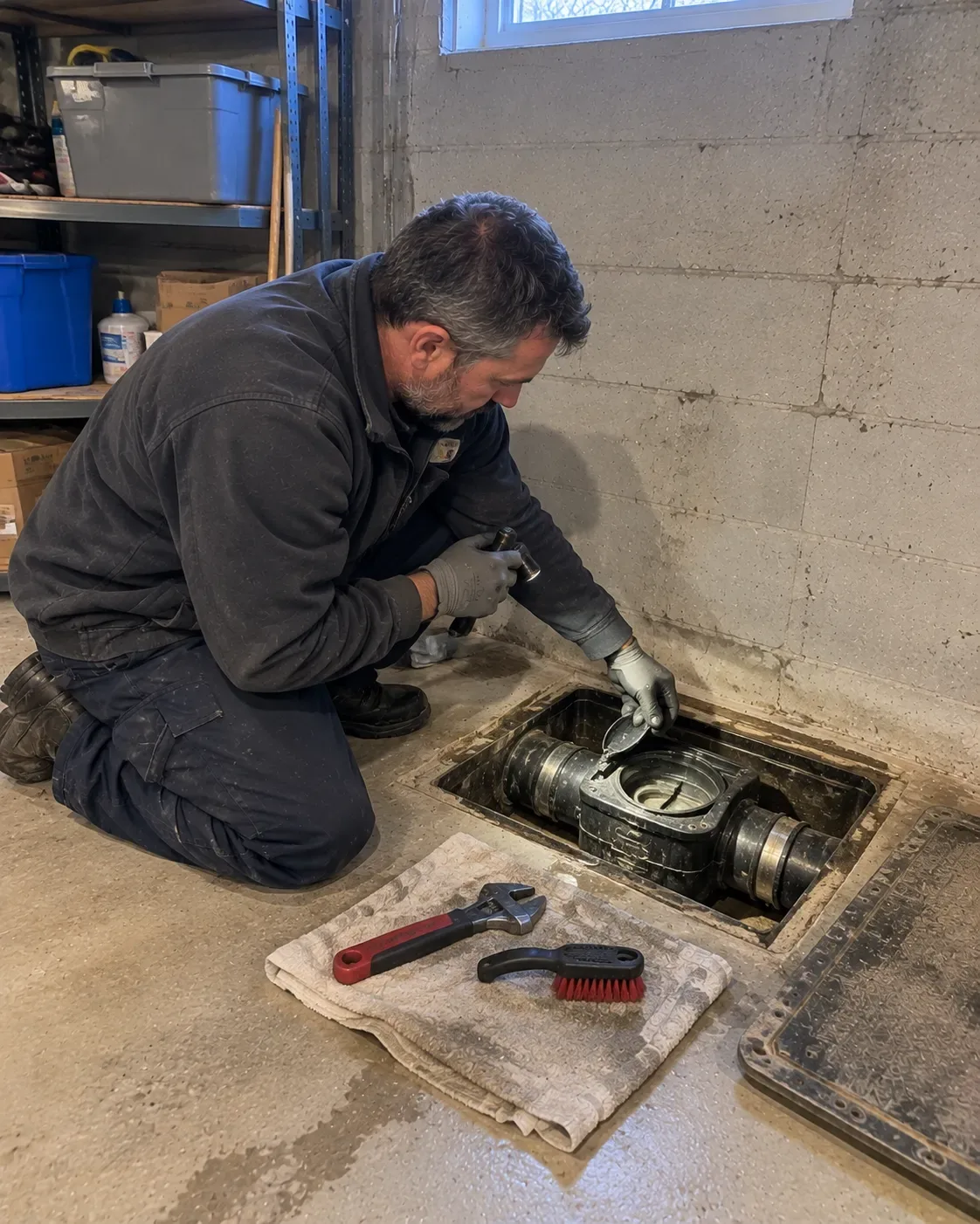 Backwater valve installed in a basement floor in a Kitchener home