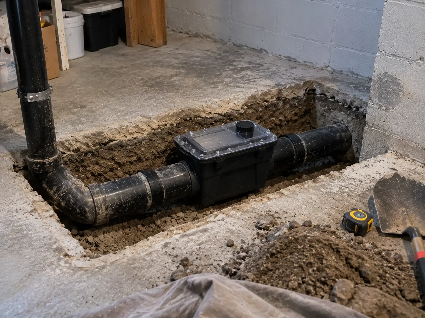 New residential backwater valve installed horizontally in a black ABS sewer pipe beneath a Kitchener basement floor