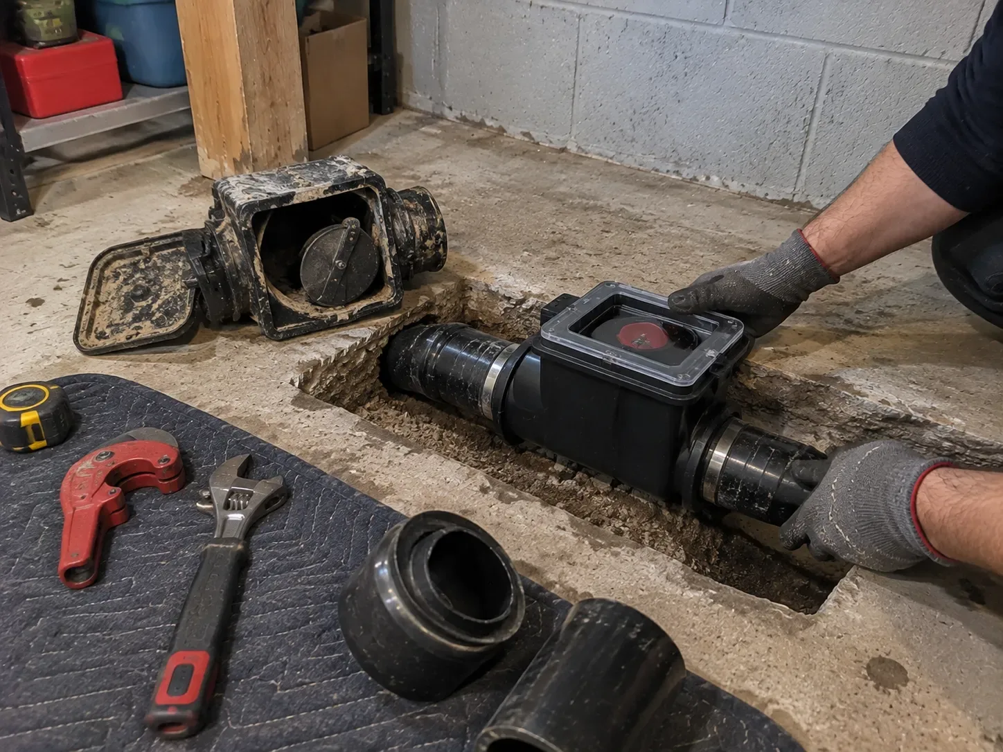 Plumber replacing an old residential backwater valve with a new valve in a Kitchener basement sewer line