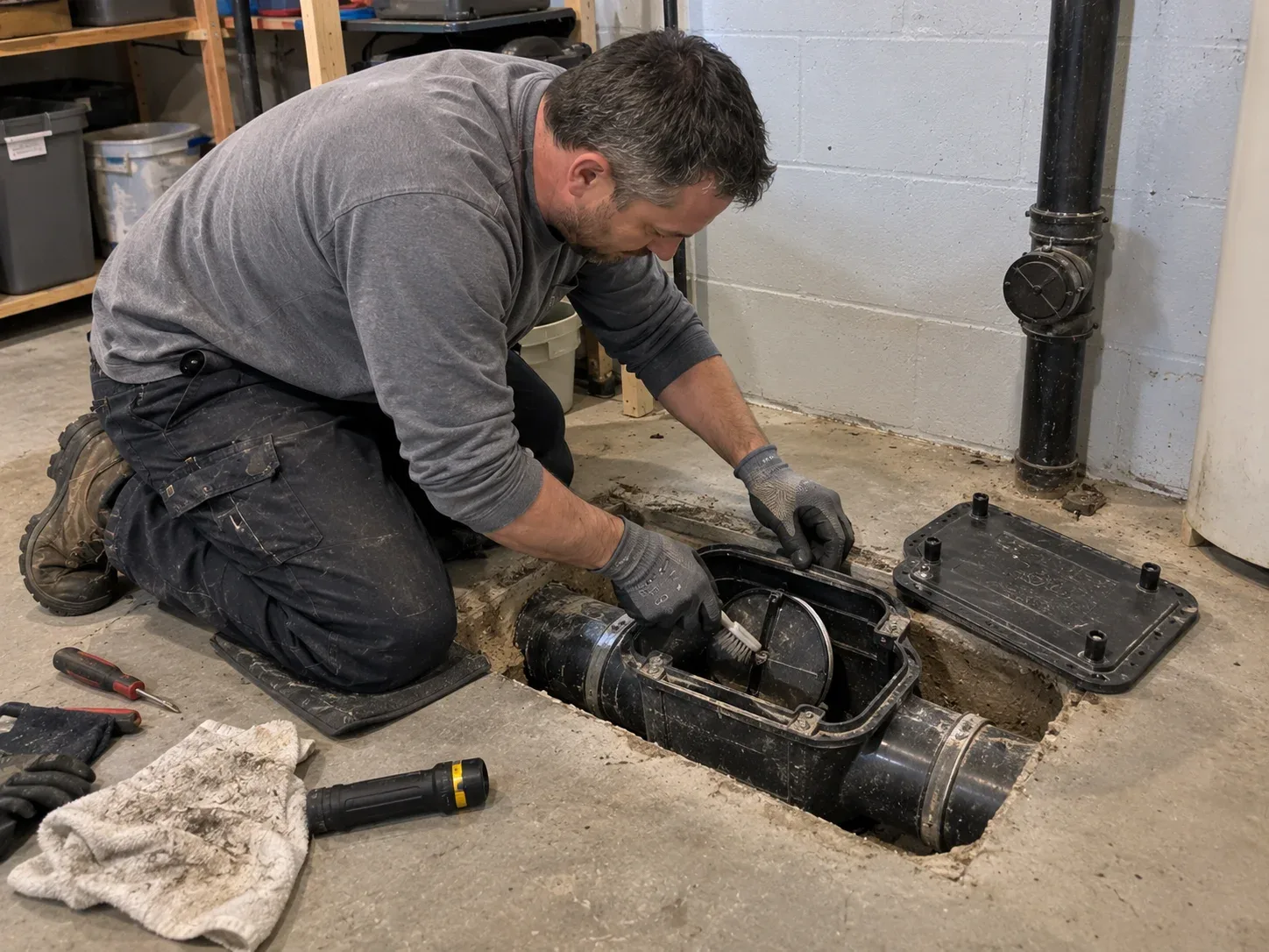 Plumber inspecting and cleaning the hinged flap of a residential backwater valve in a Kitchener basement