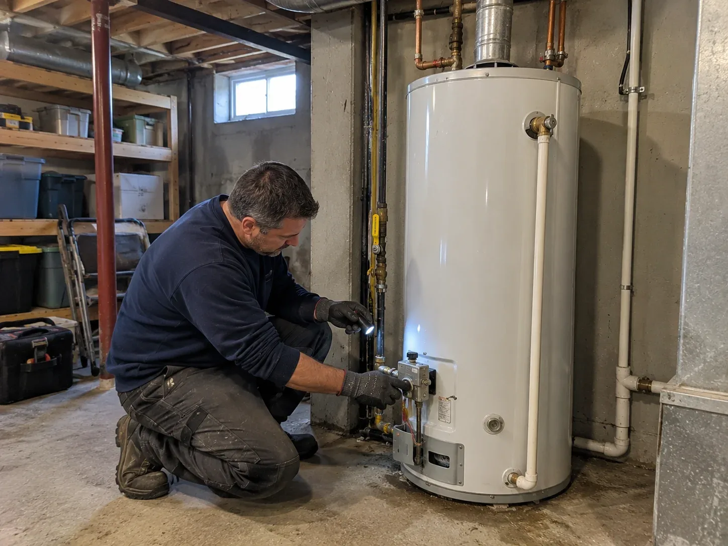 Technician servicing a water heater in a Kitchener home