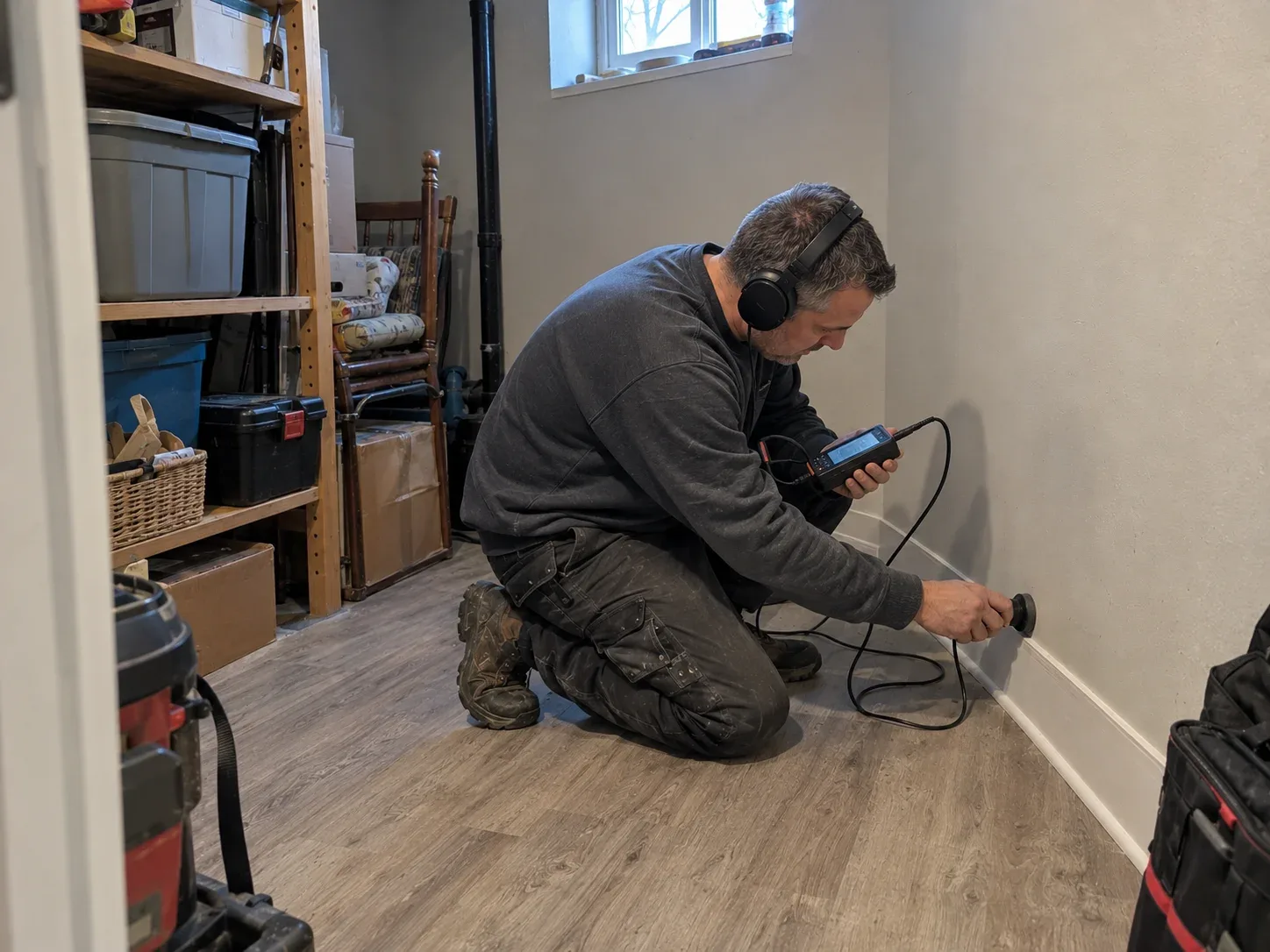 Technician detecting a hidden water leak in a Kitchener home