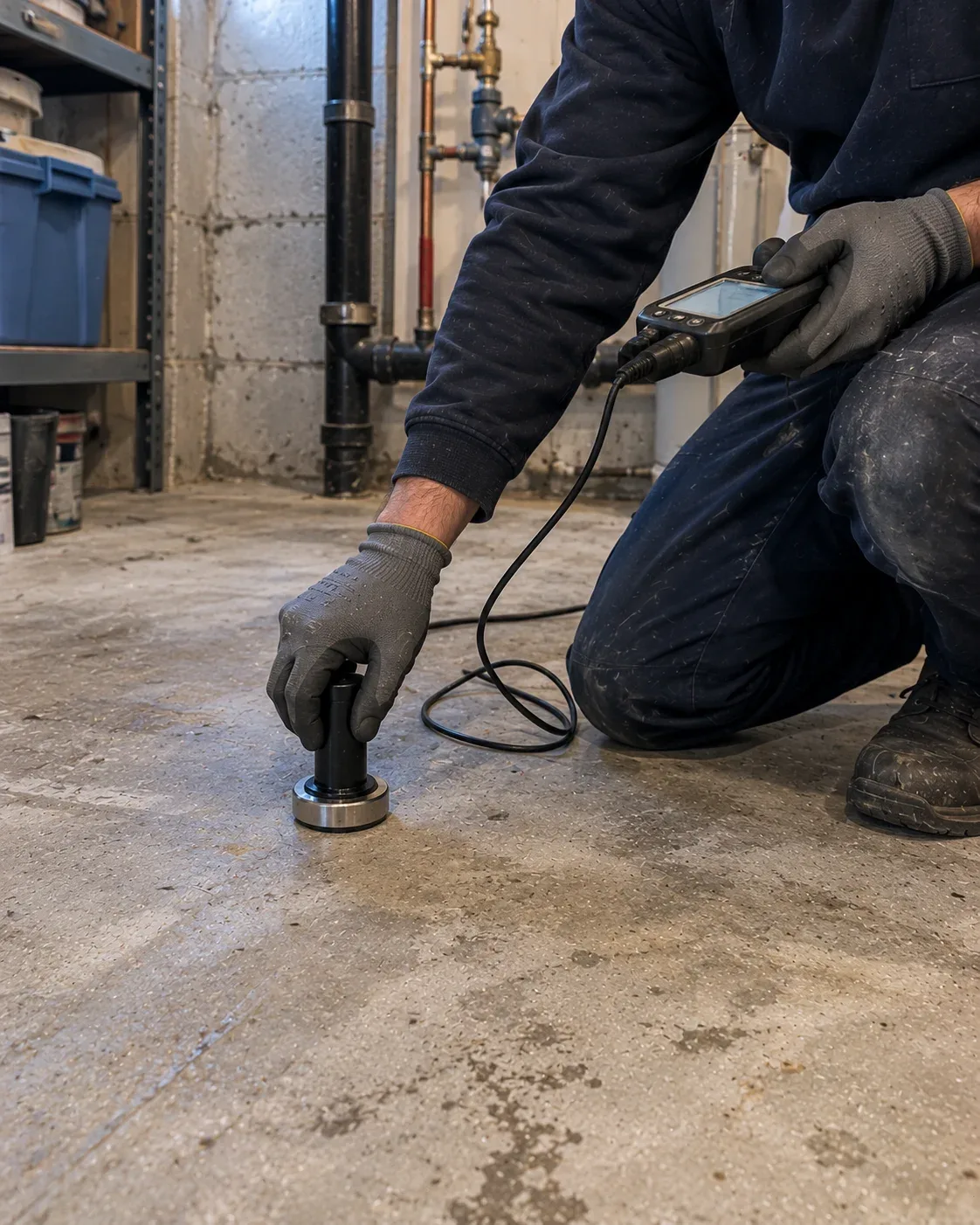 Plumber performing leak detection in a Kitchener home